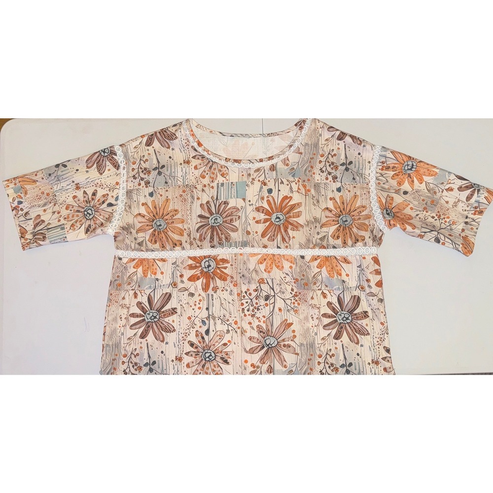 Floral Tunic Top Womens XL Tan Orange Cotton Linenโ Blend Eyelet Lace Boho Tunic